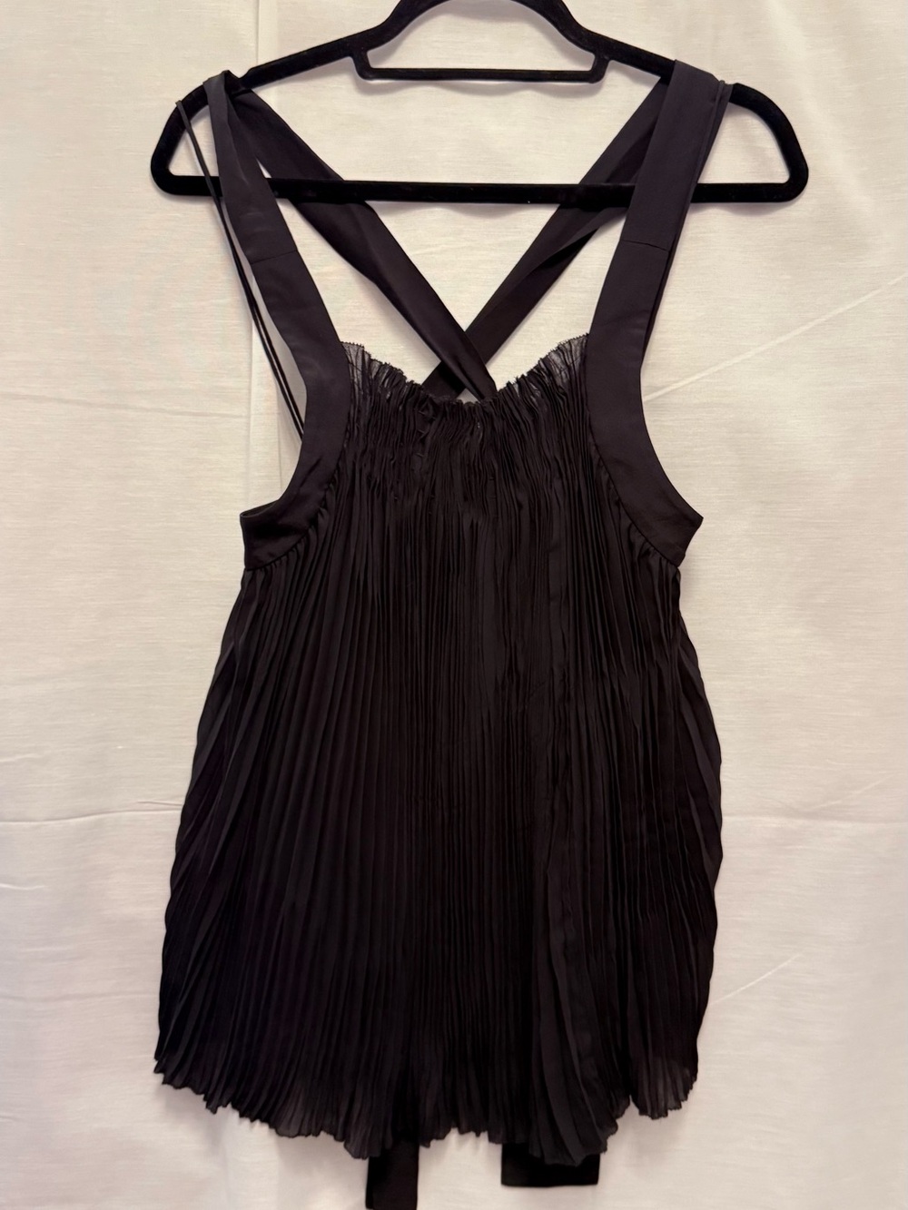 WILFRED LE FOU 100% SILK Black Pleated Women's Top with Cross-Back Straps